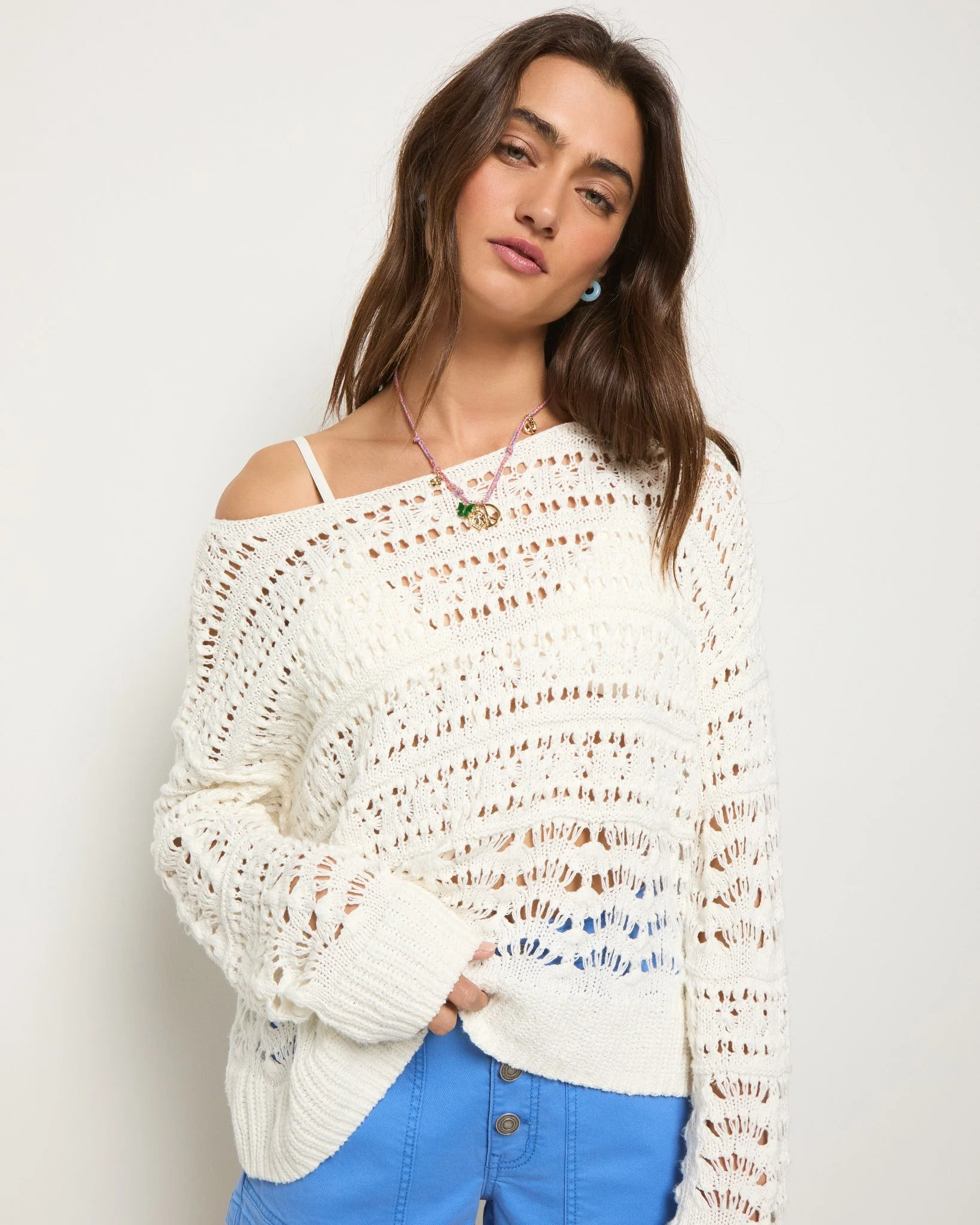 Sage Off Shoulder Pointelle Sweater - Image 4