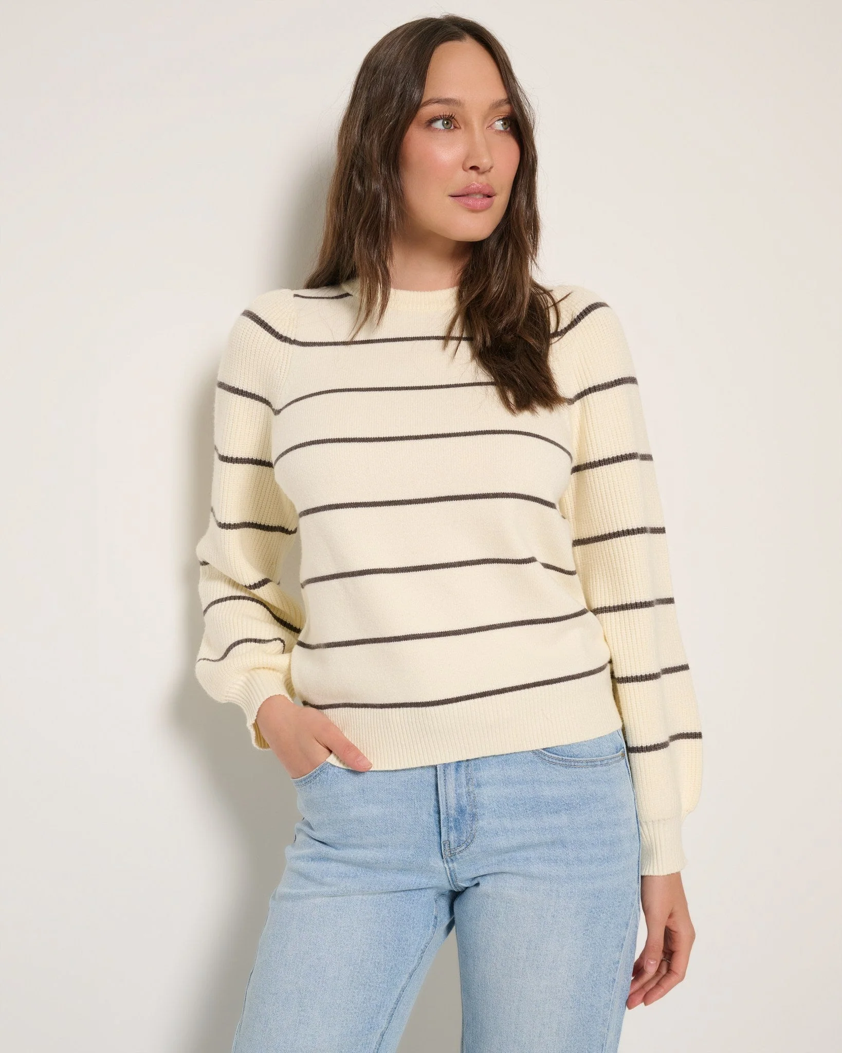 Striped Pacific Puff Shoulder Crew Neck Sweater - Image 5
