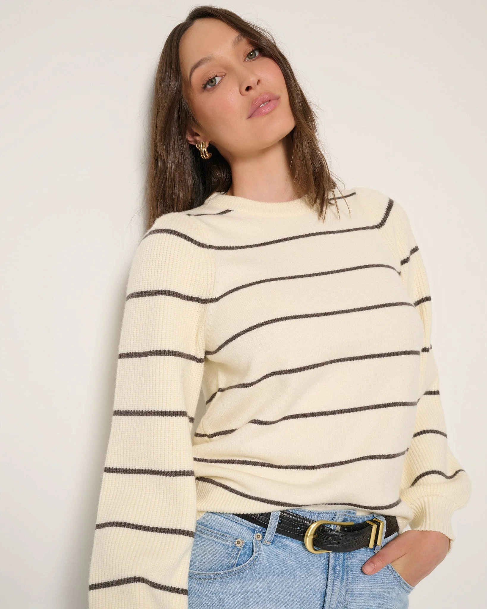 Striped Pacific Puff Shoulder Crew Neck Sweater - Image 9